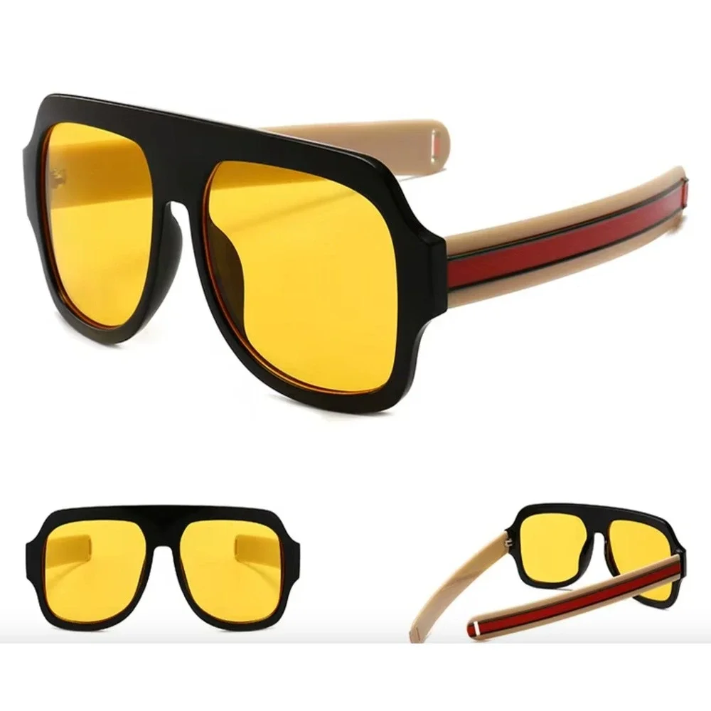 Sunglasses Yellow‎ Lens Black Frame Striped Arm Fashion Sun Glasses Lentes Gafas